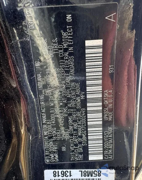 2012 Toyota Sequoia Sr5 z USA, uszkodzony, nr VIN 5TDBM5G17CS002449